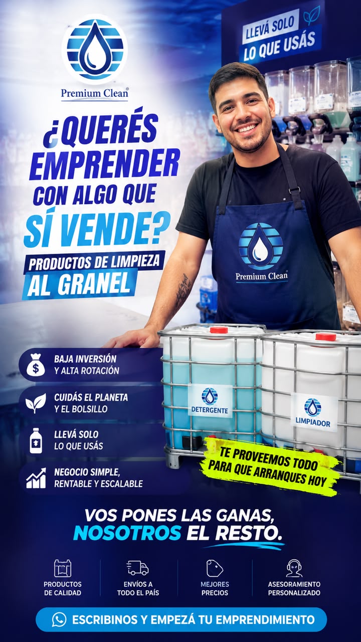Emprendedor de Premium Clean junto a los bidones de detergente y limpiador al granel