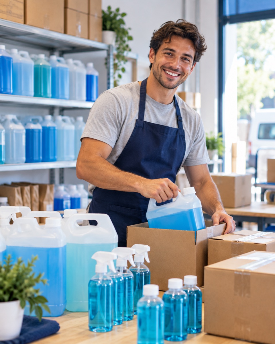 Emprendedor de productos de limpieza preparando pedidos con bidones y botellas